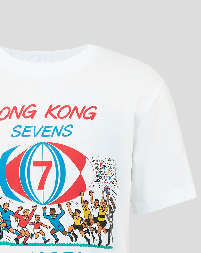 Close-up of front print on white Junior HK7s Retro T-Shirt showing Hong Kong Sevens text and a colorful globe with the number seven
