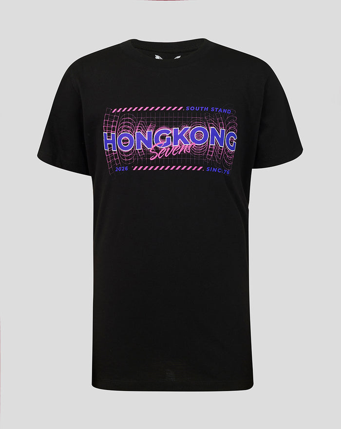 Front view of black Junior HK7s Sound Wave T shirt with neon pink and purple Hong Kong Sevens graphic across the chest