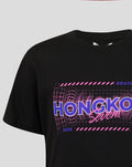 Close up of the black HK7s Sound Wave T shirt chest graphic with neon pink purple text and retro geometric pattern