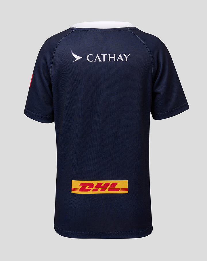 Back view of navy HKCR junior home jersey showing Cathay logo across the upper back and a DHL patch on the lower back.