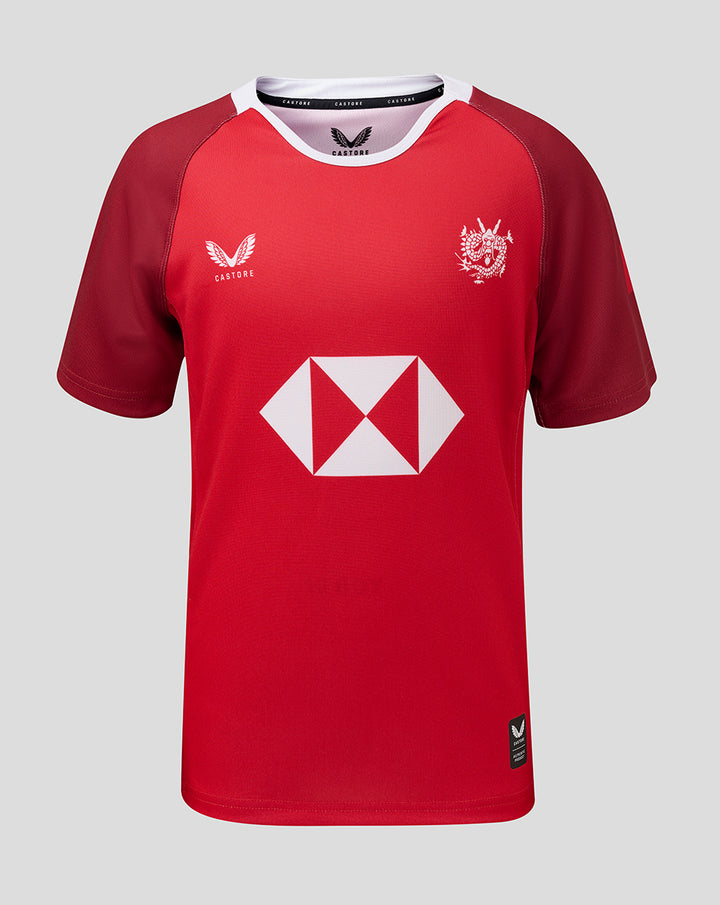 Front view of red HKCR Junior 2026/27 away replica jersey with a white club crest on the left chest and a large white diamond sponsor on the center