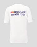 Back view of white Junior Hong Kong Sevens rugby tee with Cathay HSBC logo in purple across the upper back.