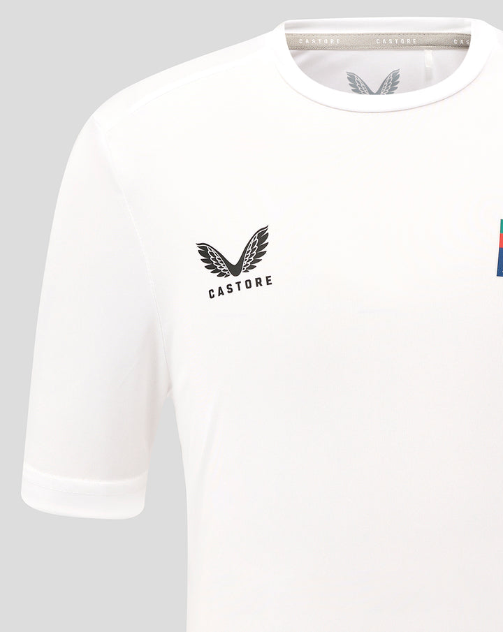 Close up of white rugby tee chest showing Castore black wing logo on the left chest.