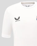 Close up of white rugby tee chest showing Castore black wing logo on the left chest.