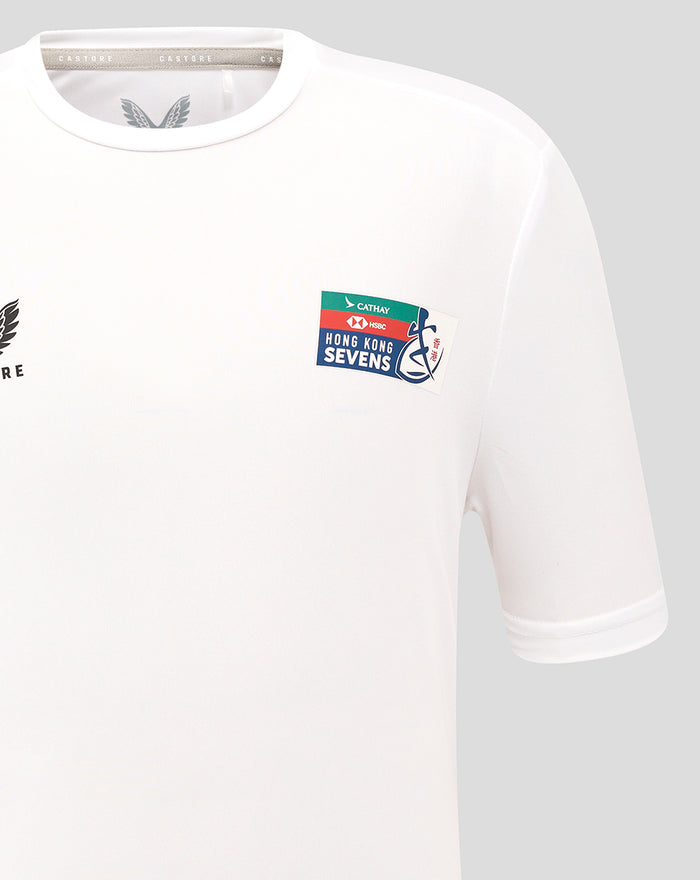 Left chest Hong Kong Sevens branding patch on a white junior rugby tee.