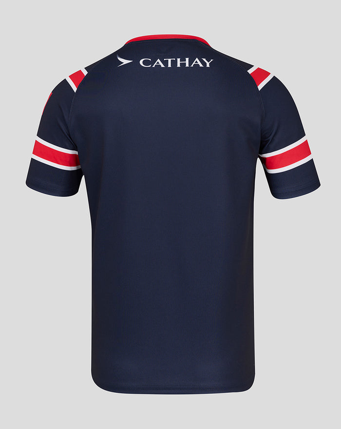 Back view of navy HKCR Home 15s replica rugby jersey with red and white sleeve stripes and Cathay sponsor.