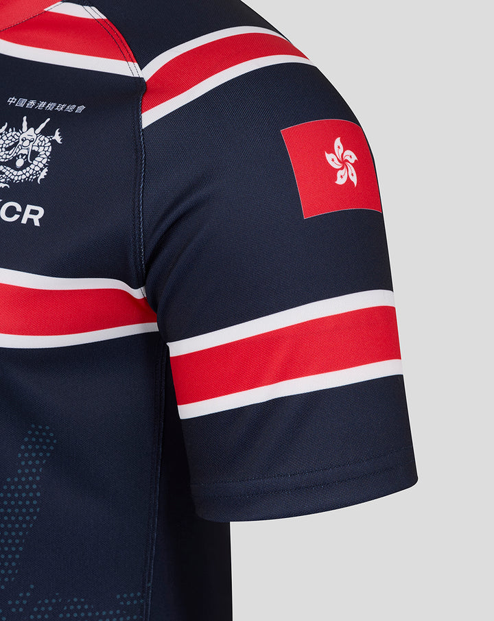 Close-up of navy HKCR Home replica jersey sleeve with red Hong Kong flag patch and visible team crest.