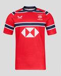 Front view of red HKCR away rugby jersey with navy white horizontal stripes and a large white sponsor diamond on the chest