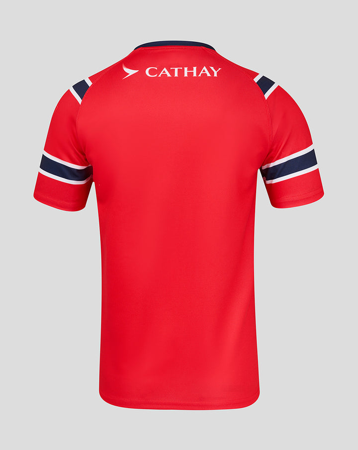 Back view of red HKCR away jersey with navy sleeve stripes and Castore logo at the neck