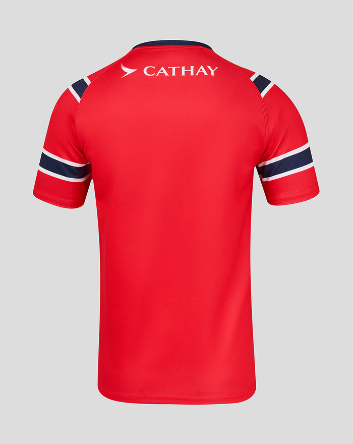 Back view of red HKCR away jersey with navy sleeve stripes and Castore logo at the neck