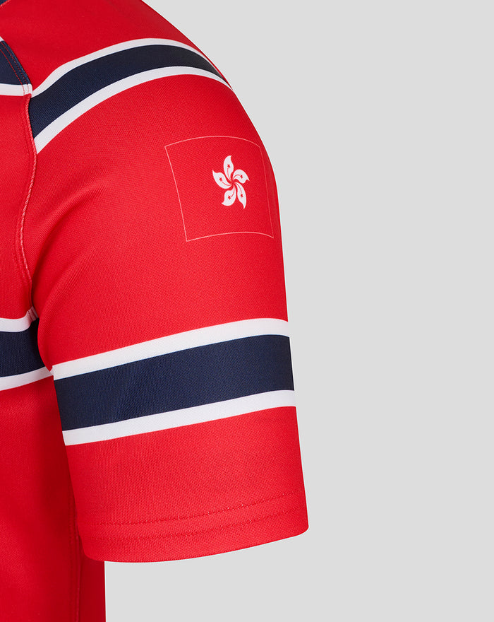 Red HKCR Away 15s jersey sleeve and shoulder view with navy white stripes