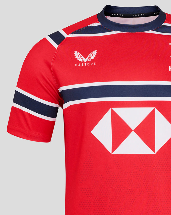 Back view focusing on upper back with Cathay sponsor text and navy stripe details on shoulders