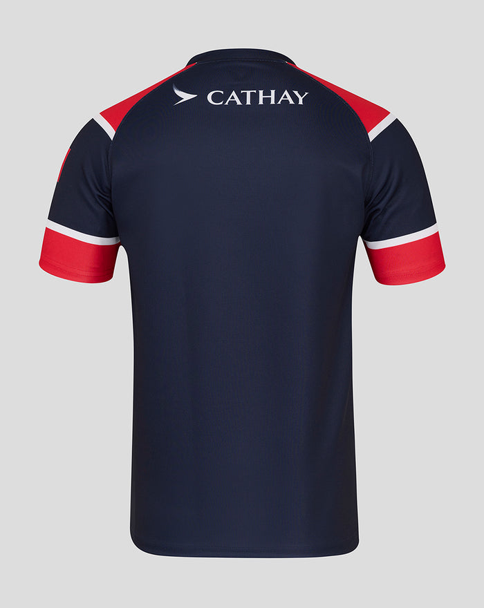 Back view of a navy HK 7s development replica rugby jersey with red shoulder panels and CATHAY logo.