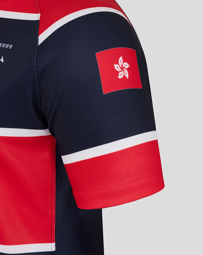 Close-up of the men's 7s development replica jersey in navy red with a Hong Kong flag patch on the sleeve