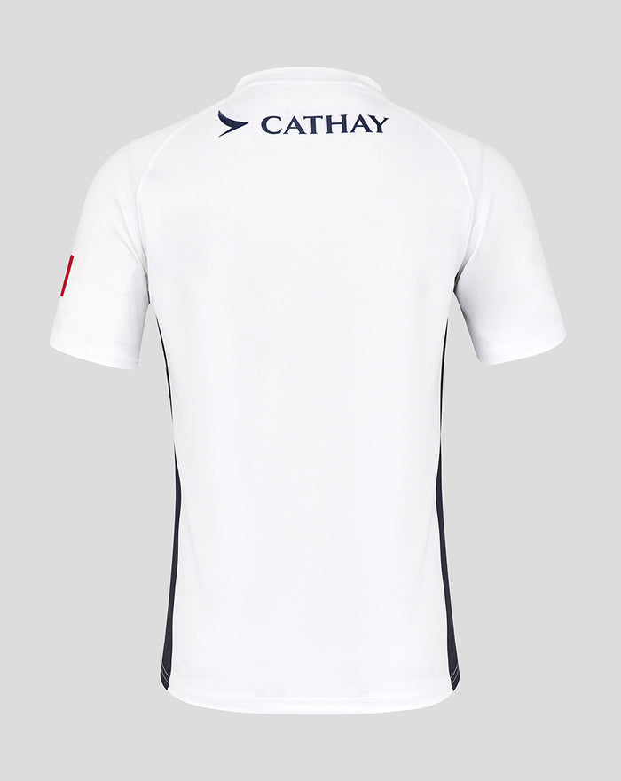 Back view of white HK7s Away replica rugby jersey with Cathay sponsor across upper back.