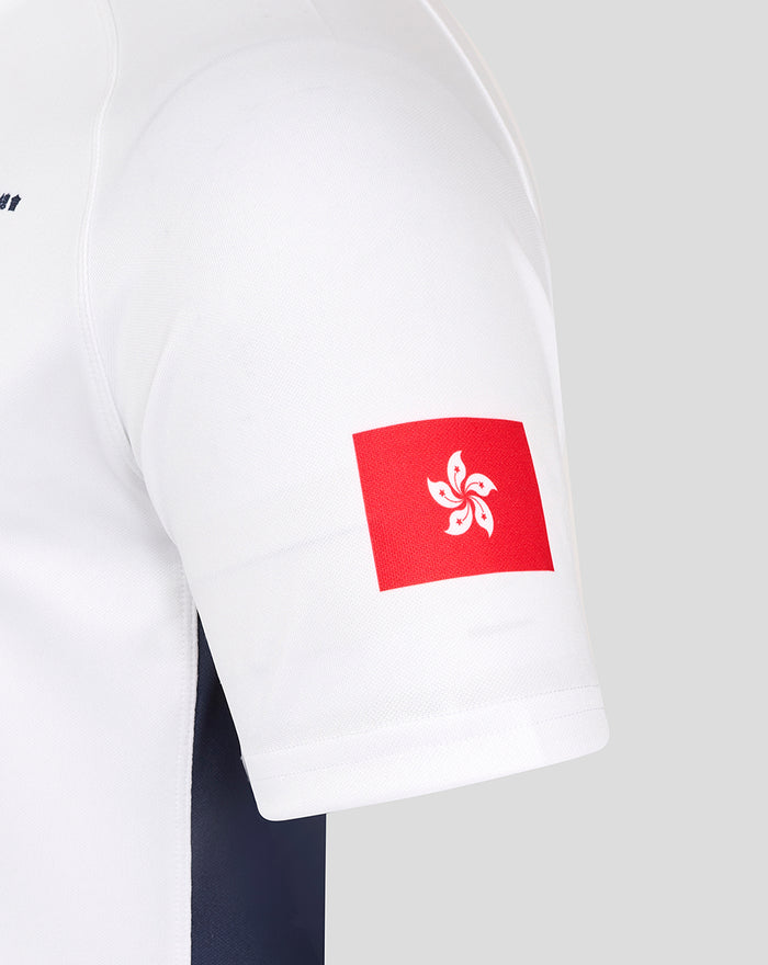 Close up of white HK7s jersey sleeve with red Hong Kong bauhinia flag patch on the upper arm