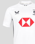 Close up of the neck area on a white HK7s Away jersey showing Castore branding on the interior collar.