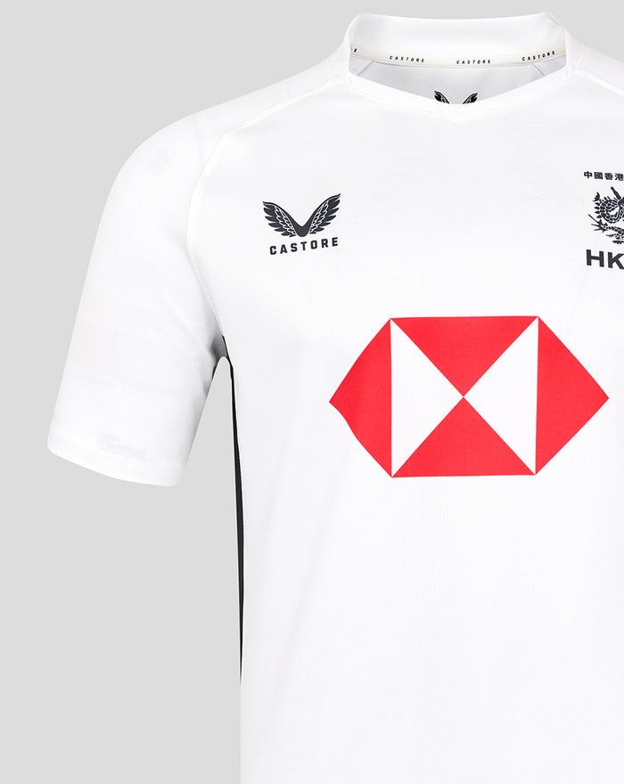 Close up of the neck area on a white HK7s Away jersey showing Castore branding on the interior collar.