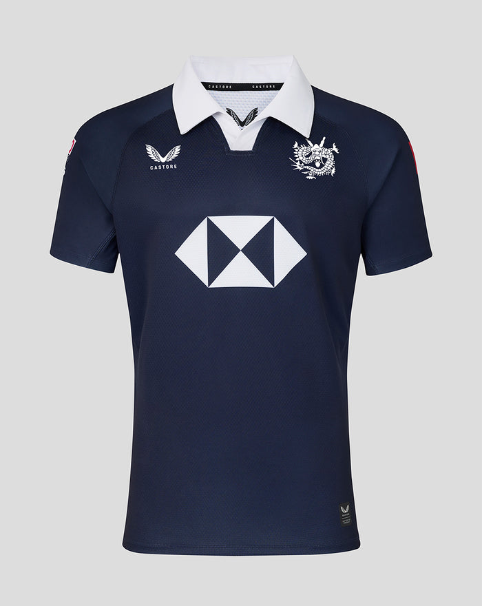 Navy Hong Kong China Rugby 50 Years home replica jersey with white polo collar, white dragon crest and large white sponsor logo on chest