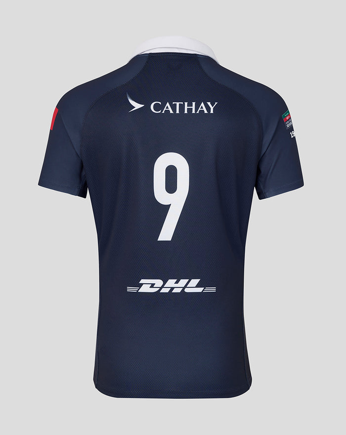 Back view of navy Hong Kong Sevens home jersey with large number 9, DHL logo on lower back and Cathay branding across the upper back.