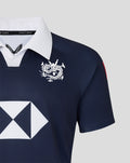 Navy Hong Kong Sevens home replica rugby jersey with white polo collar and white dragon crest on the chest.