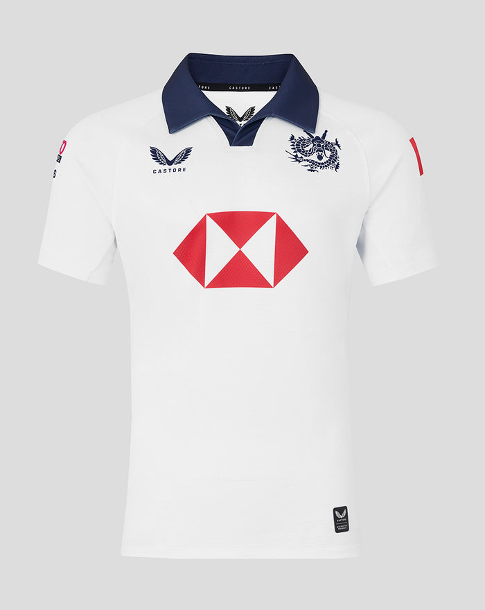 White away jersey with navy collar, navy dragon crest on the chest and red HSBC sponsor logo