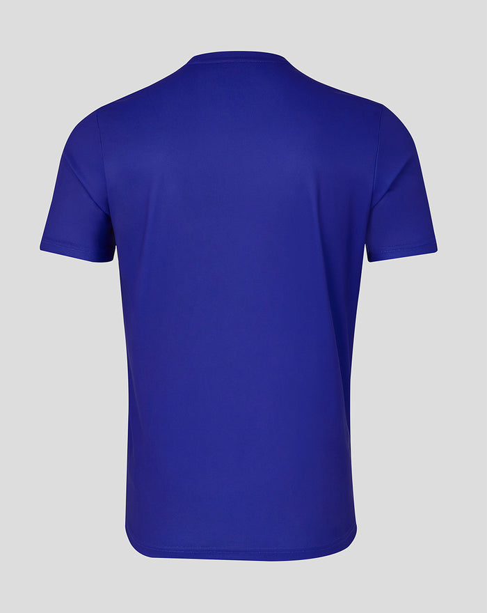 Back view of plain blue MENS HK7s graphic training tee with clean silhouette