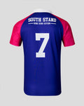 Back view of blue navy HK7s South Stand polo with magenta sleeves and large white number 7
