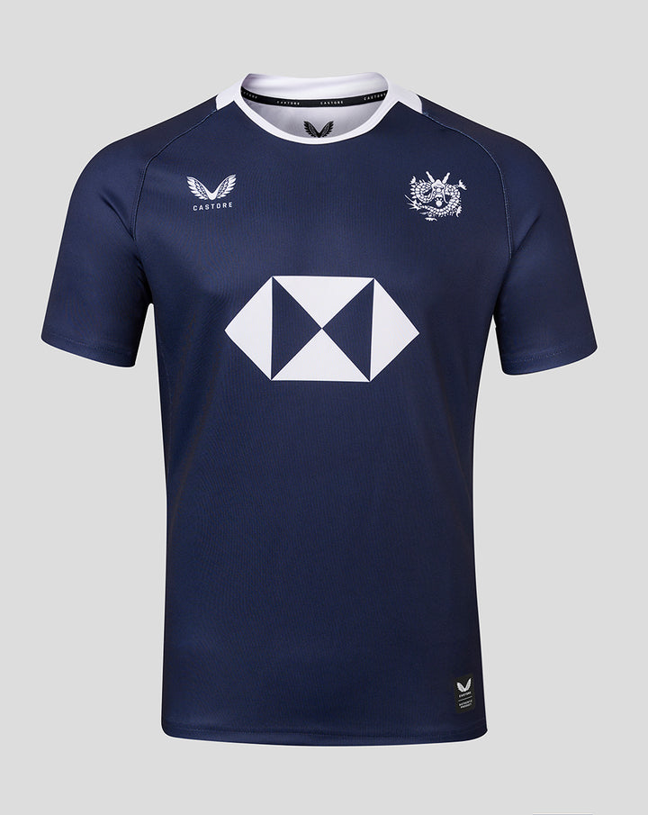 Navy HKCR home replica rugby jersey with white collar, Castore logo left chest, crest right chest, and large white geometric sponsor on front.