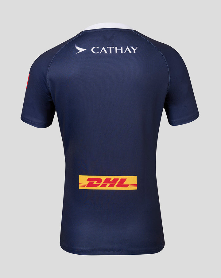 Back view of navy HKCR home jersey with prominent Cathay logo across upper back and DHL sponsor patch lower back.
