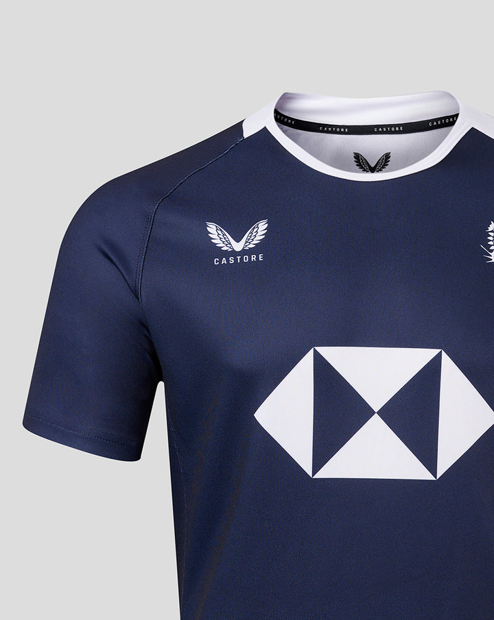 Back view of navy HKCR home jersey with DHL sponsor patch on lower back and white collar trim.
