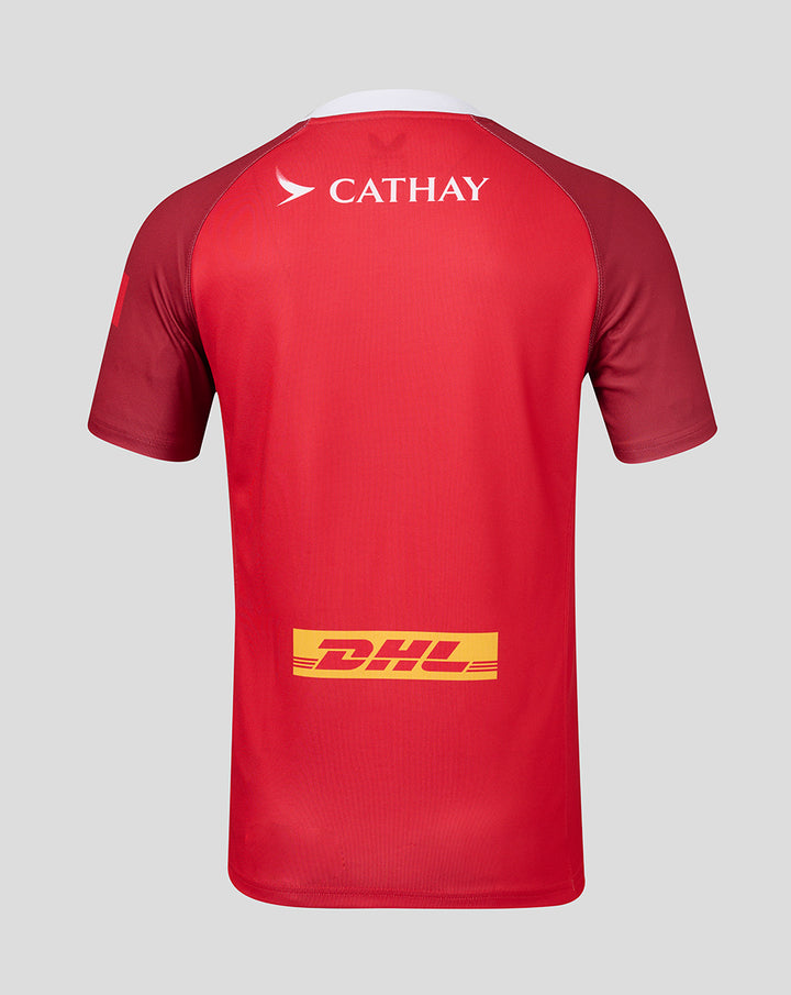 Back view of red HKCR men's away replica jersey with Cathay logo on upper back and DHL sponsor on the lower back