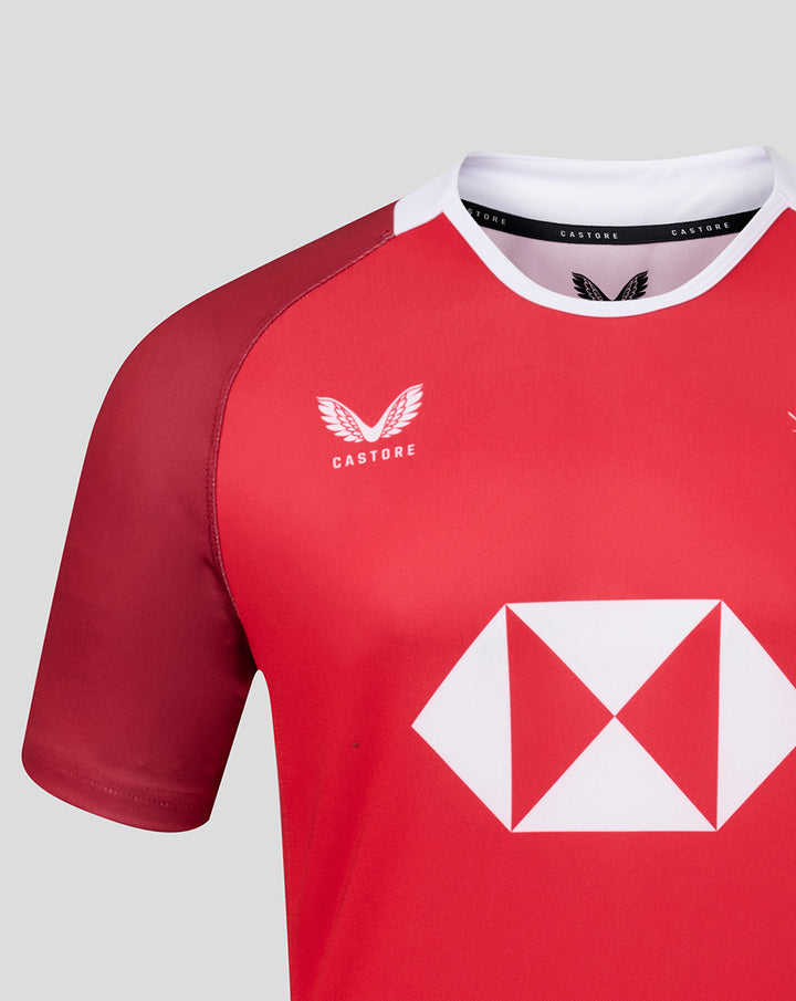 Red HKCR men's away replica jersey with white collar, small chest crest, and large white diamond sponsor on front