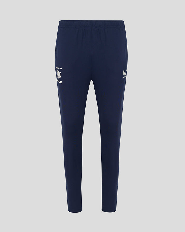 Front view of navy slim fit pants with white HKCR branding on the legs