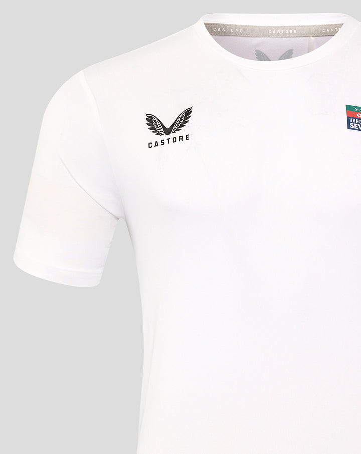 Left chest Castore logo with Hong Kong Sevens patch on the right chest of the white rugby tee.