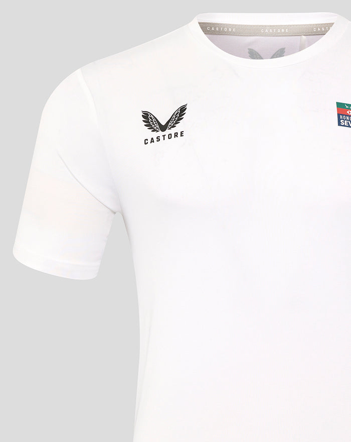 Left chest Castore logo with Hong Kong Sevens patch on the right chest of the white rugby tee.