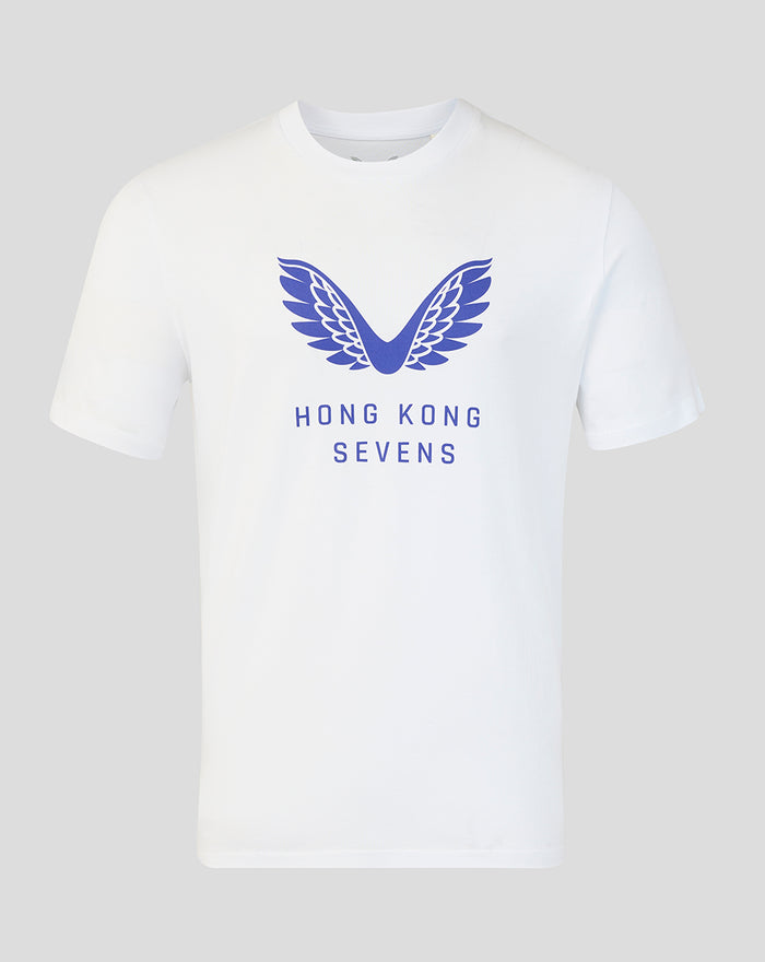 White HKCR Big Wings T-shirt featuring bold blue wings logo and Hong Kong Sevens branding