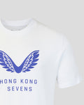 White unisex HKCR Big Wings T shirt close up showing the blue wing crest graphic across the chest