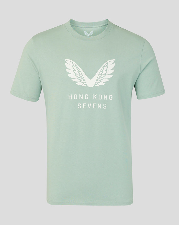 Aloe green unisex HKCR Big Wings T shirt front view with large white wing emblem and Hong Kong Sevens text.