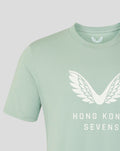 Close up of Aloe green Big Wings T shirt neck area showing white wing logo on the chest.