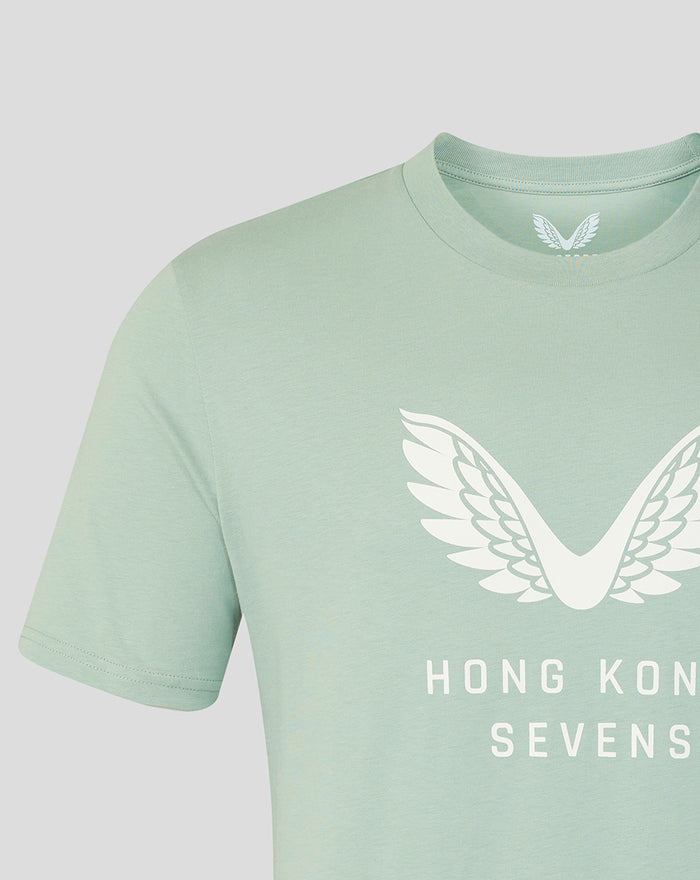 Close up of Aloe green Big Wings T shirt neck area showing white wing logo on the chest.