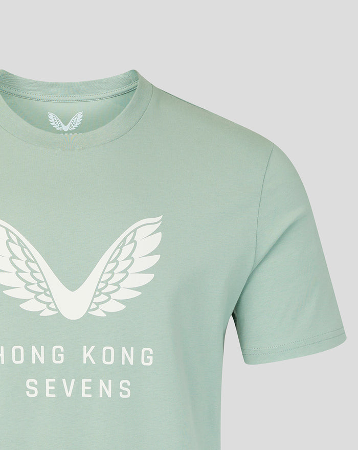 Aloe green Big Wings T shirt showing oversized white wings graphic and Hong Kong Sevens text on the chest.