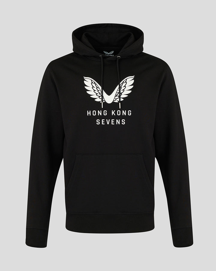 Front view of black Hong Kong Sevens Big Wings Hoodie with large white logo.