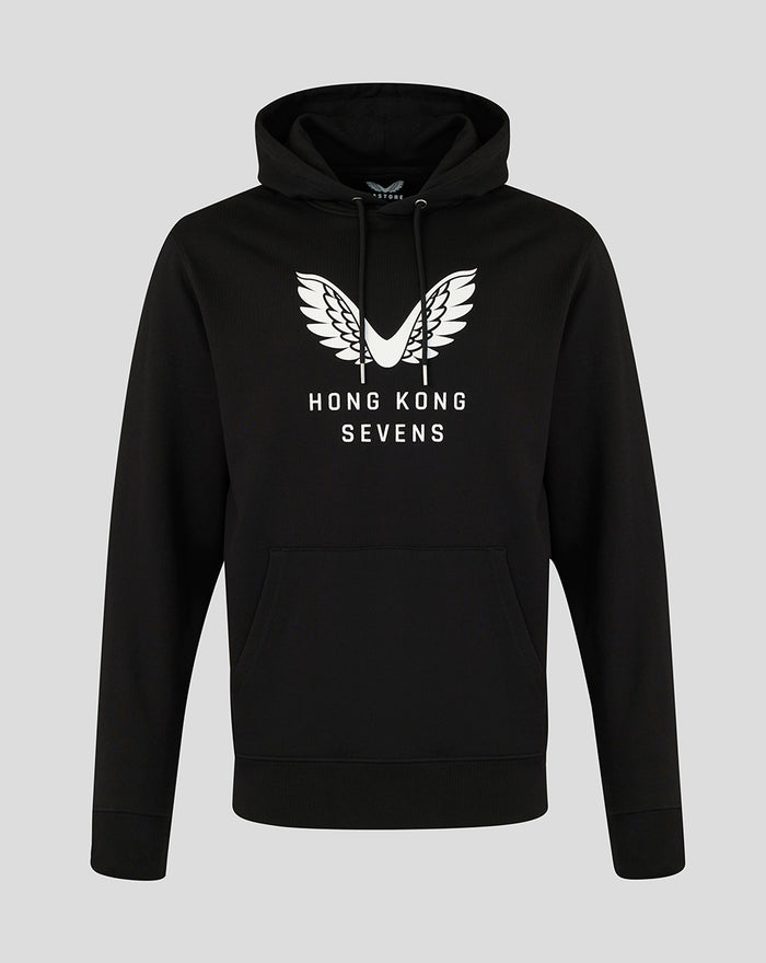 Front view of black Hong Kong Sevens Big Wings Hoodie with large white logo.