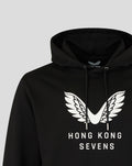 Close-up of the hood and chest logo on a black Hong Kong Sevens Big Wings Hoodie.