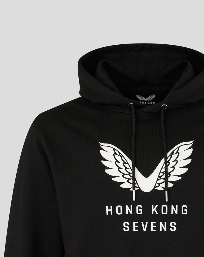 Close-up of the hood and chest logo on a black Hong Kong Sevens Big Wings Hoodie.