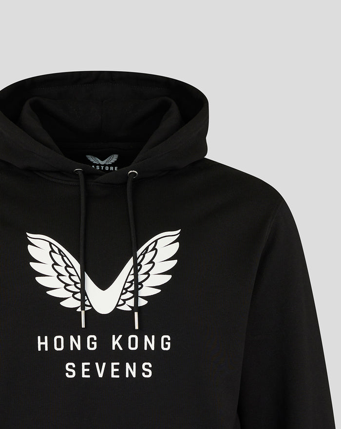 Black Big Wings Hoodie front view with large white wing graphic and Hong Kong Sevens branding