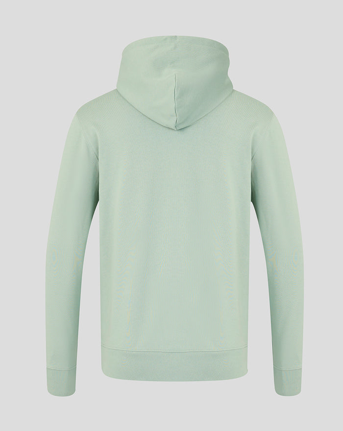 Back view of pastel green Aloe hoodie with hood up and minimal detailing.