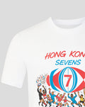 Close up of the white HK7s retro T shirt displaying the colorful vintage graphic with the ball and cheering players