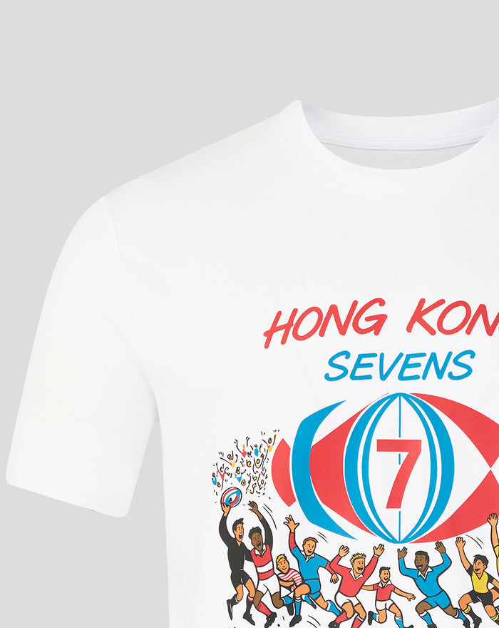 Close up of the white HK7s retro T shirt displaying the colorful vintage graphic with the ball and cheering players